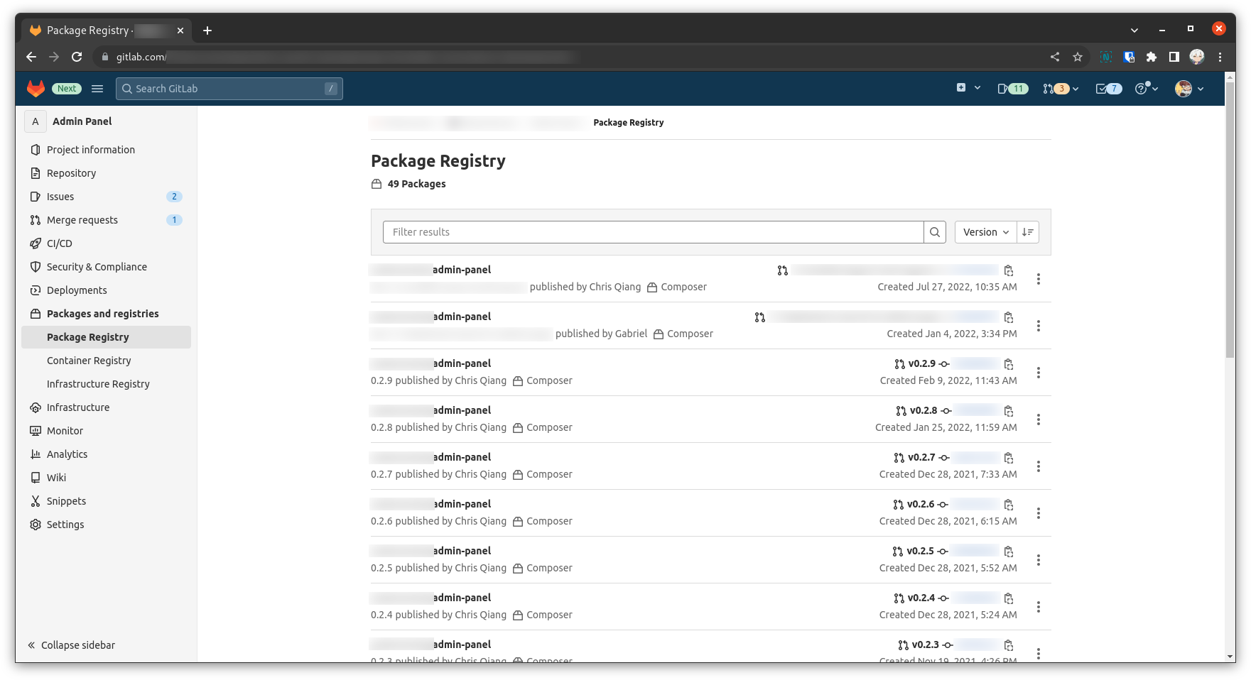 A screenshot of GitLab Package Registry page, listing all of available packages in the Admin Panel's repository.